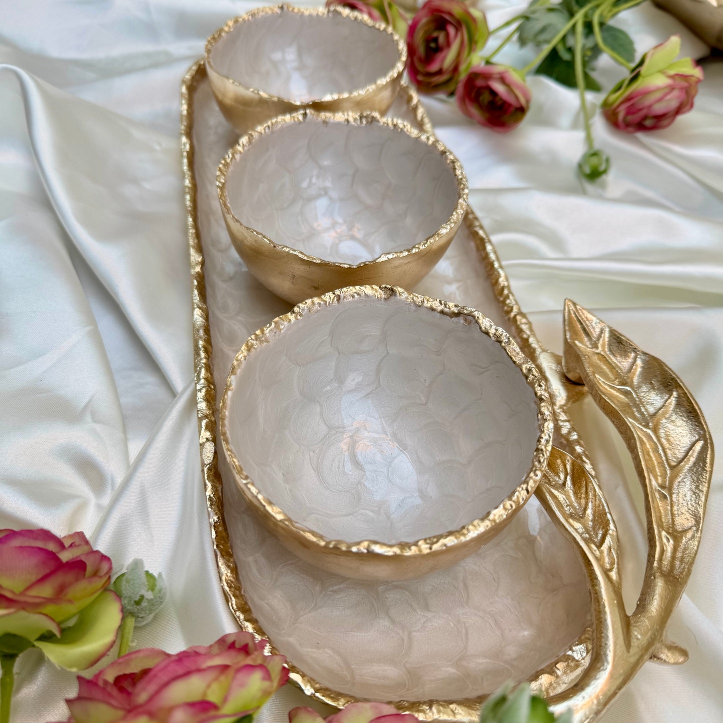 Gold And White Enamelled Tray With Three Bowl