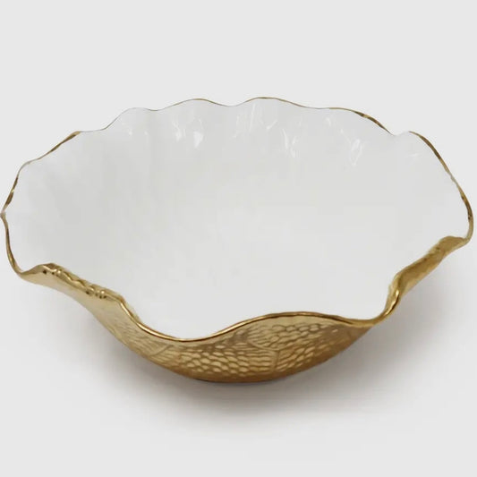 White & Gold Salad Bowl With Gold Scalloped Edge