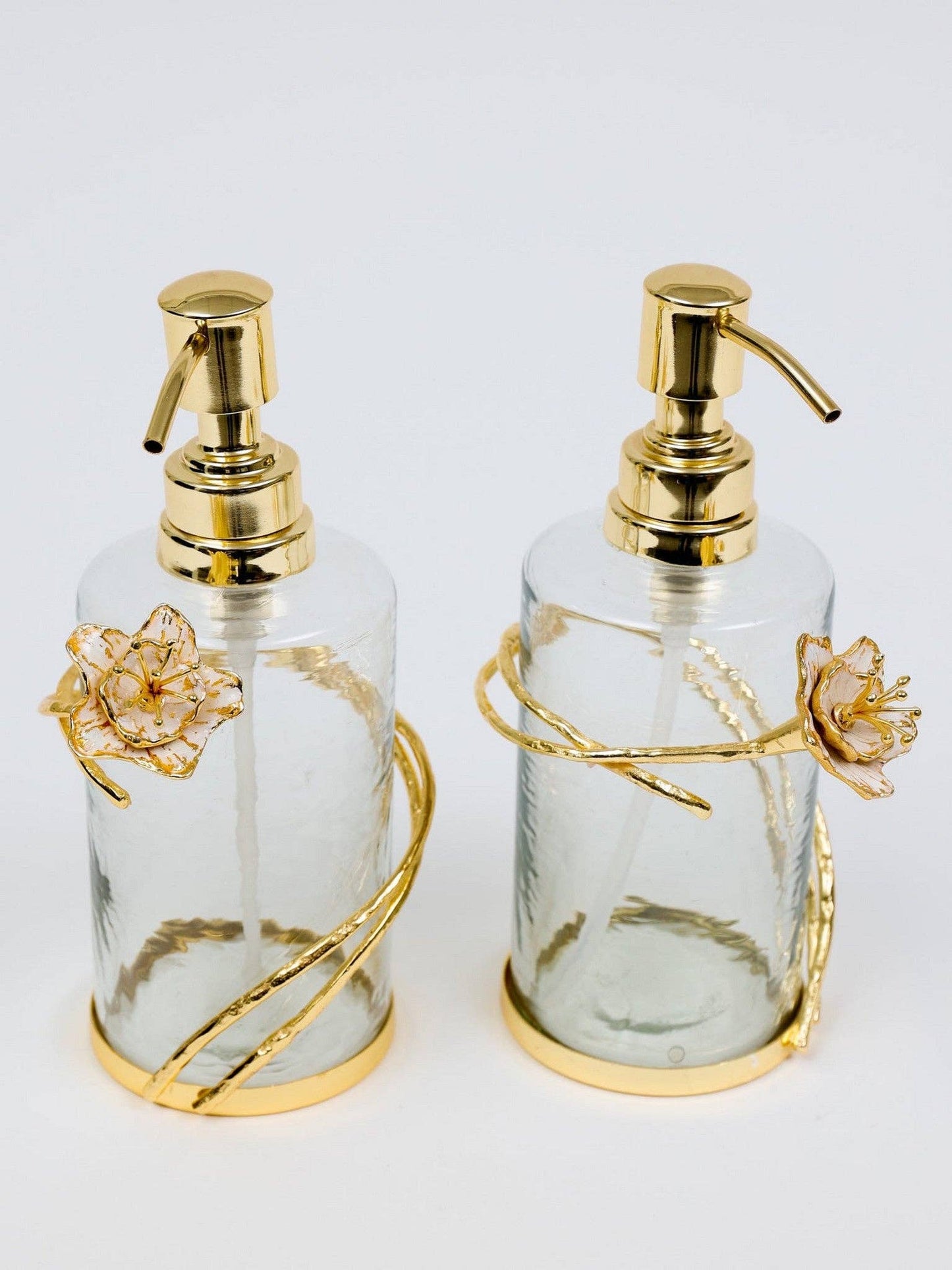 Glass Soap & Lotion Dispenser with Gold Enamel Flower Design