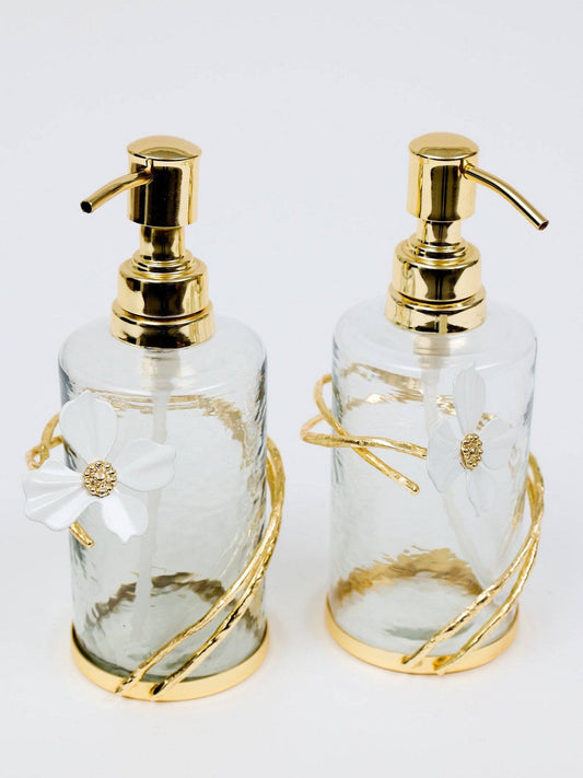 Glass Soap & Lotion Dispenser with Gold Jewel Flower Design