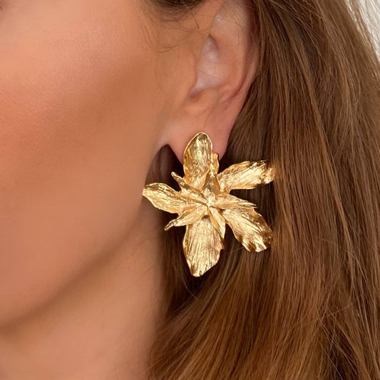 Gold Pointed Petal Flower Statement Earrings