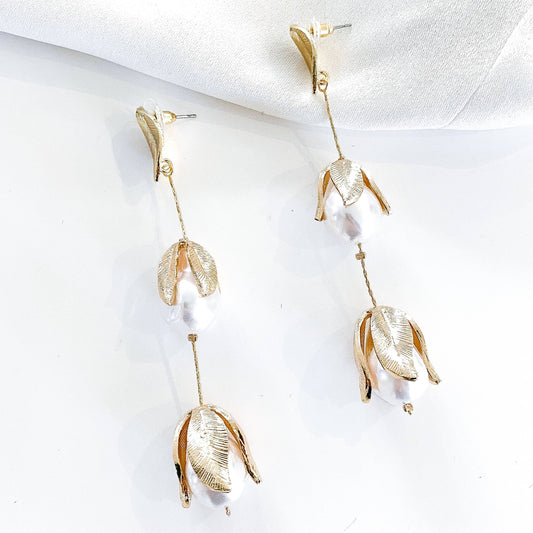 Gold Leaf and Pearl Bud Drop Earrings