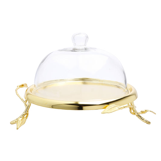 10.5" Gold Leaf Cake Plate with Glass Dome