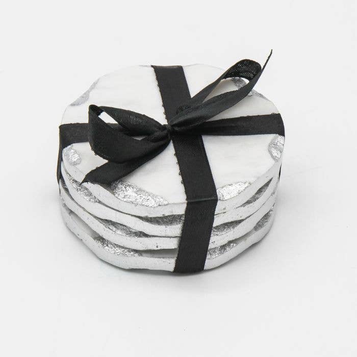 S/4 Rd Coasters W/ Silver Edge: Marble / Marble