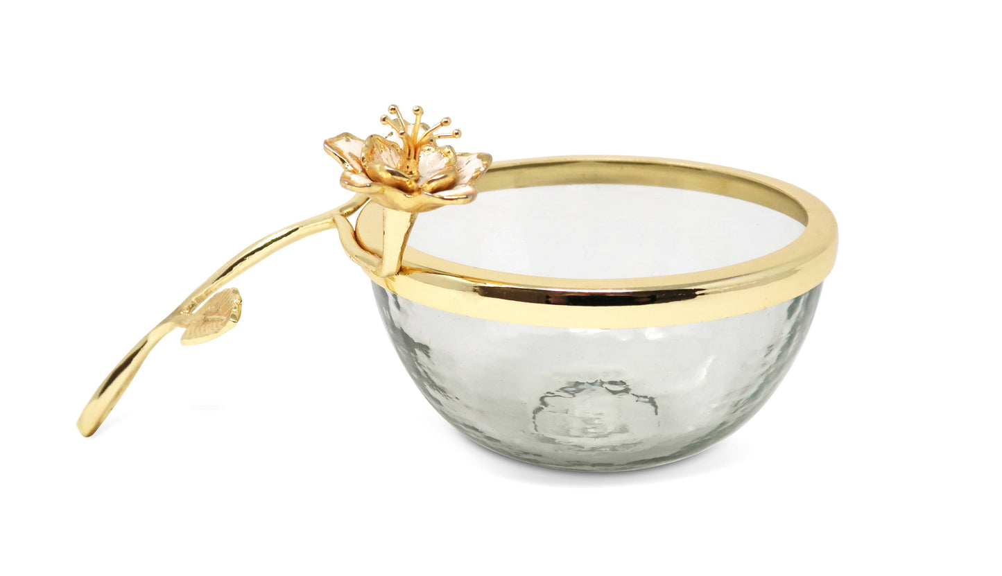 Glass Dish with Gold Enamel Flower Design on Handle