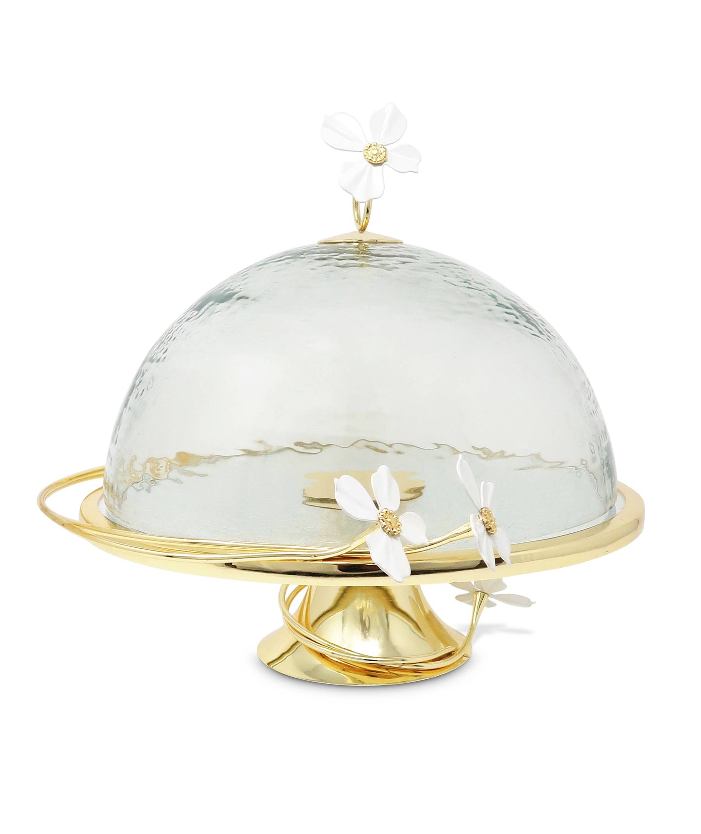 Gold Base Cake Stand and Platter Glass Cover w Jewel Flower