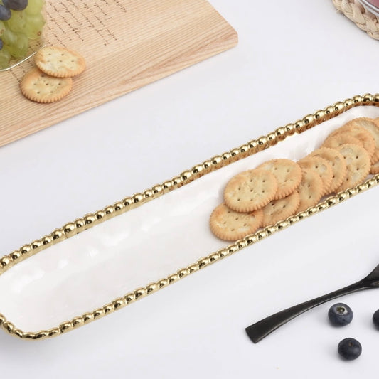 Gold Beaded White Cracker Tray