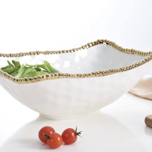 Gold Beaded White Porcelain Deep Serving Bowl