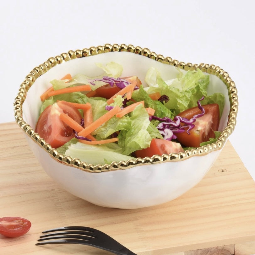 Gold Beaded White Porcelain Salad Bowl