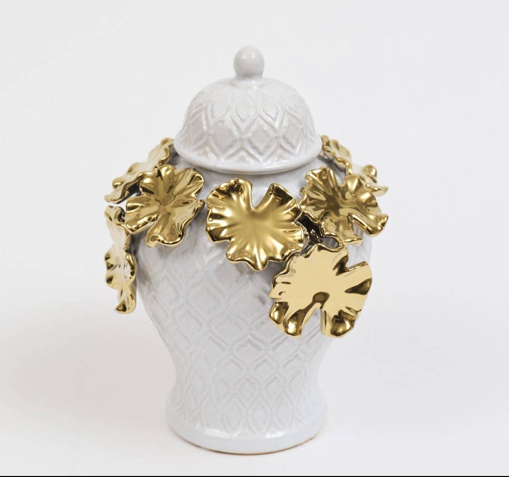 White Textured Ginger Jar with Gold Flower