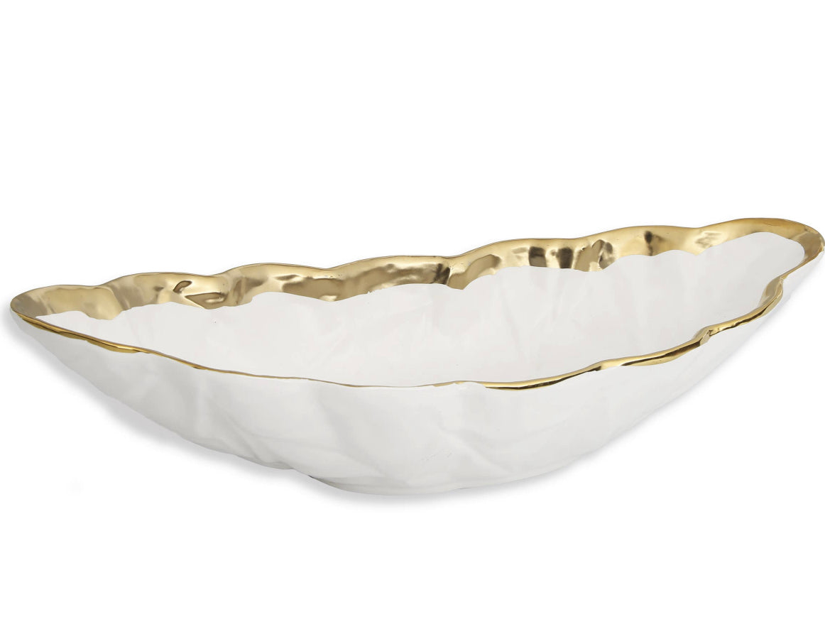 White Porcelain Leaf Shaped Bowl with Gold Border