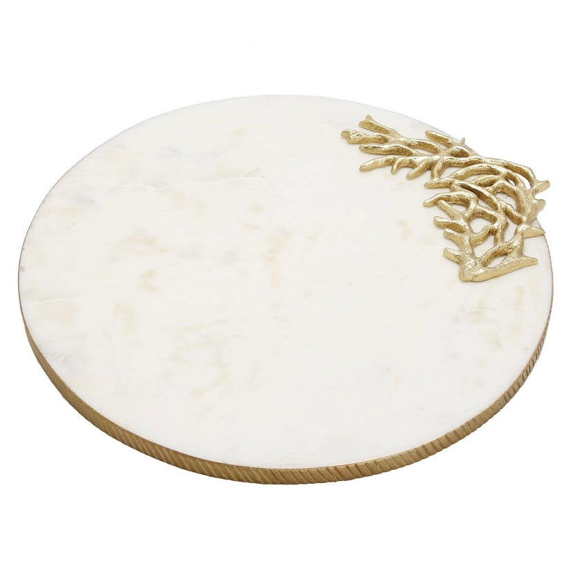 Round Marble Tray with Gold Edge and Coral Details