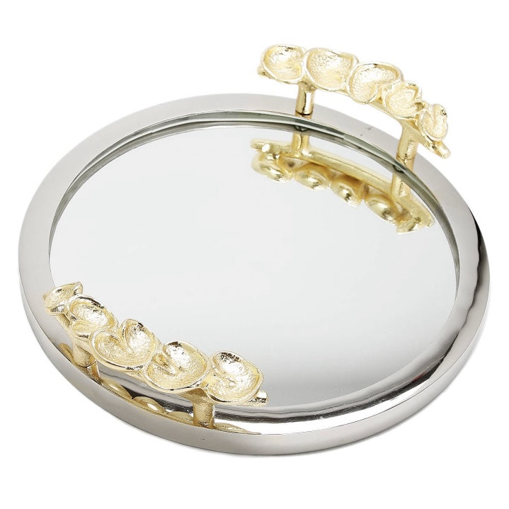 Round Decorative Mirror Tray with Gold Petal Handle