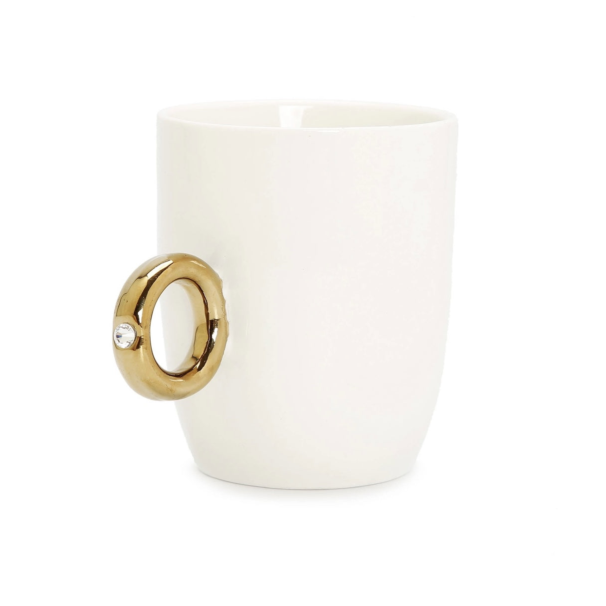 White Mug With Gold Ring Handle And Clear Crystal Detail