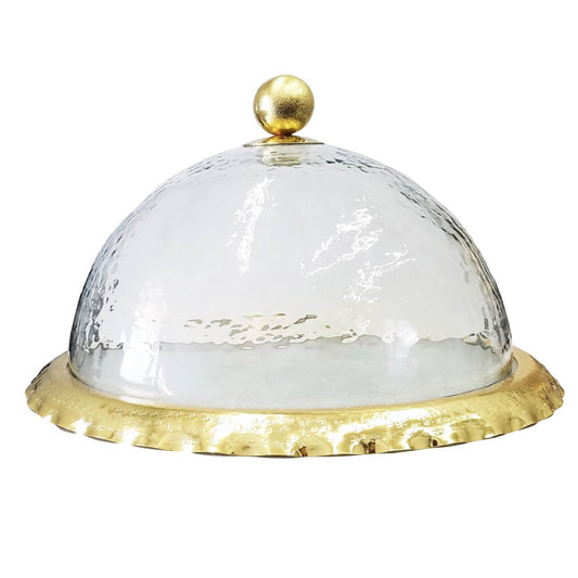 Gold Ruffled Glass Cake Plate With Glass Dome