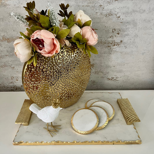 Gold Ridged Handle Marble Tray with Gold Edge