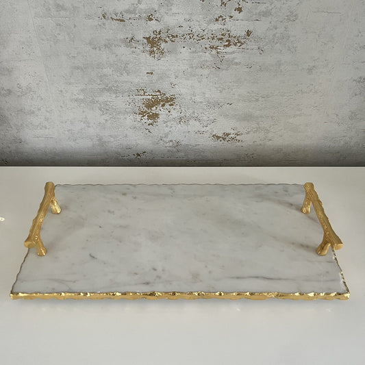 Rectangle Marble Tray With Gold Edge and Gold Handle