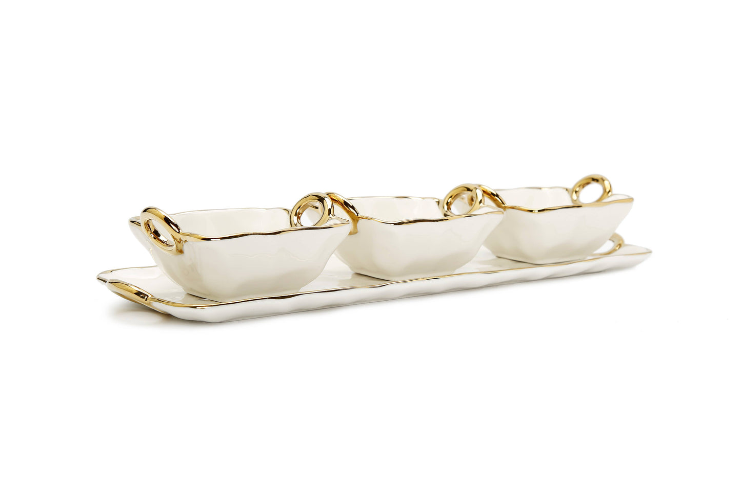 White Porcelain Relish Dish w/3 Bowls Gold Trim and Handle