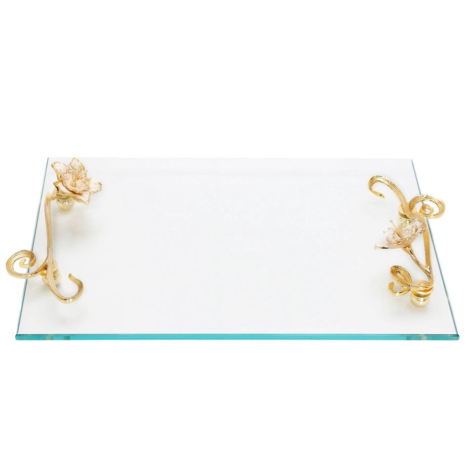 Glass Tray With Flower Handles