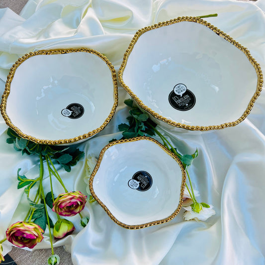 Gold Beaded White Porcelain Salad Bowl