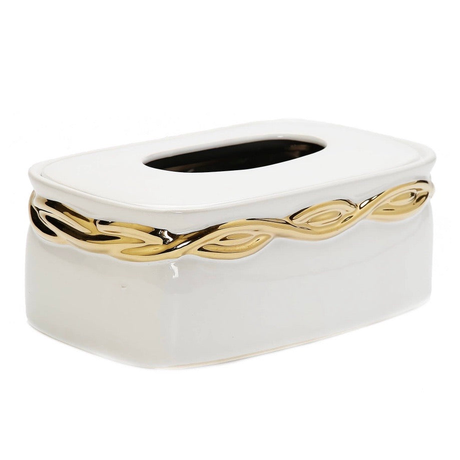 White Tissue Holder With Gold Chain Design