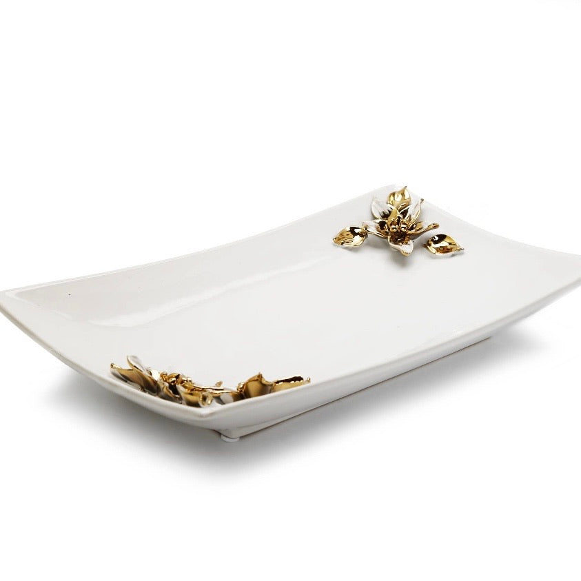 Porcelain Tray With White & Gold Flower Details