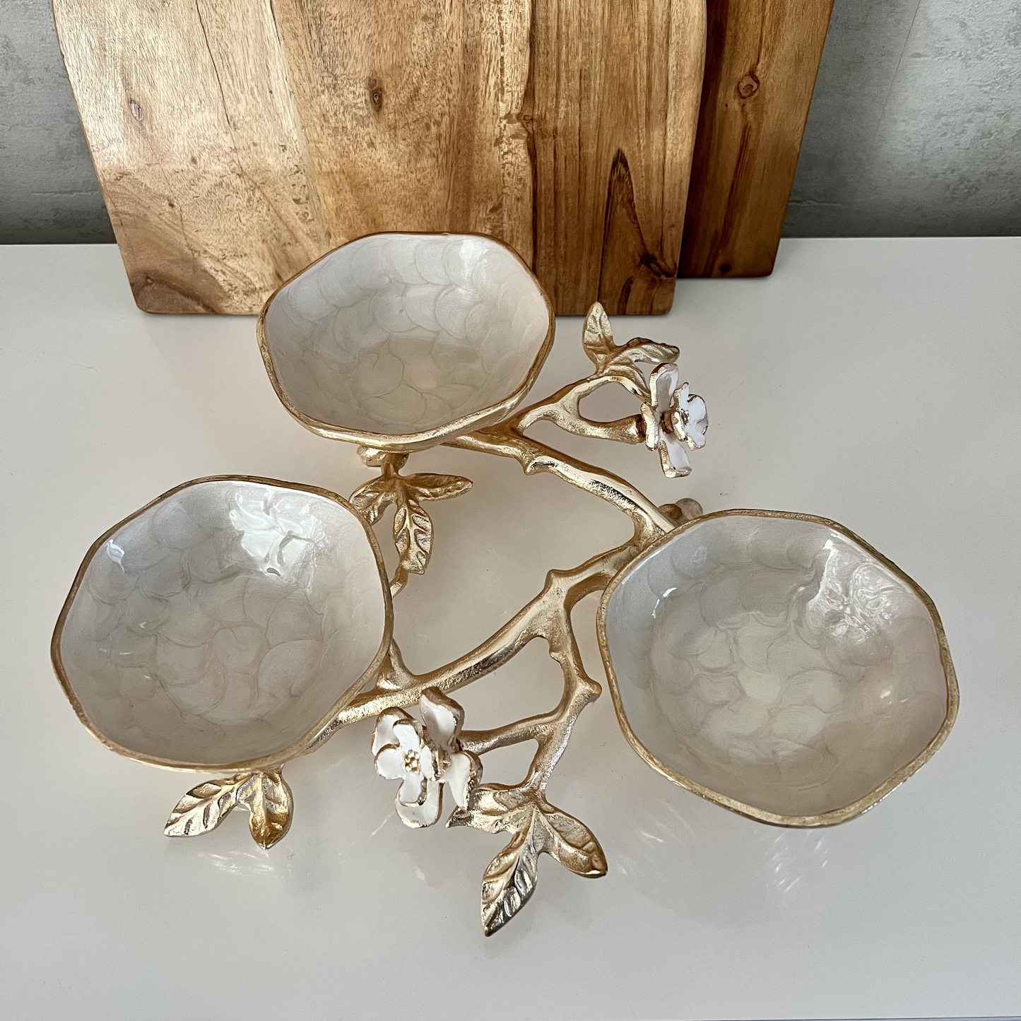 Gold And White Enamelled Floral Three Bowl Dish