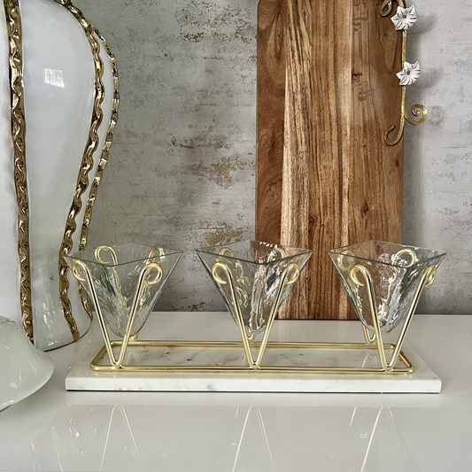 3 Sectional Glass Relish Dish With Gold Brass And Marble Base